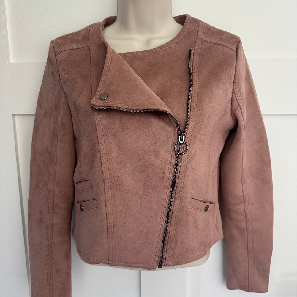Haute Monde Suede Moto Jacket Faux Vegan Zip Pockets Blush Mauve Women's Small - Picture 3 of 12